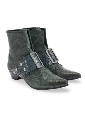 John Fluevog Truth Cheryl Buckled Leather Boot with Crocodile Emboss Size 8.5